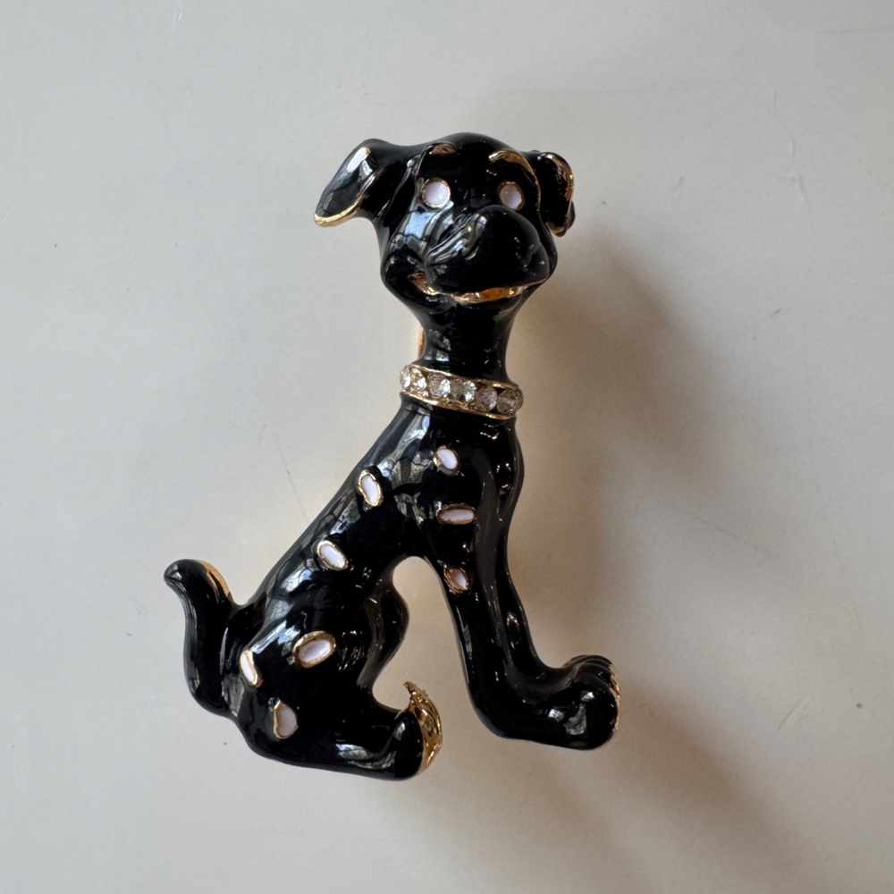 Black and Gold Enamel Dog Broach with Crystals on Collar Preppy Maximalism